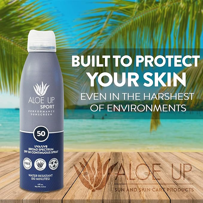 ALOE UP Sport Continuous Spray Sunscreen SPF 50 - Broad Spectrum UVA/UVB Sunscreen Protector for Face and Body - With Aloe Vera Gel - Fast Absorbing Sheer Formula - Reef Safe - Fragrance-Free - 6 Oz-CubbioJoy