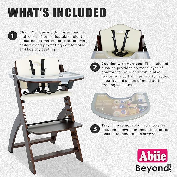 Abiie Beyond Junior Wooden High Chair with Tray - Adjustable and Convertible High Chair for Babies and Toddlers - 6 Months to 250 Lb - Water Resistant - Mahogany Wood/White Cushion-CubbioJoy