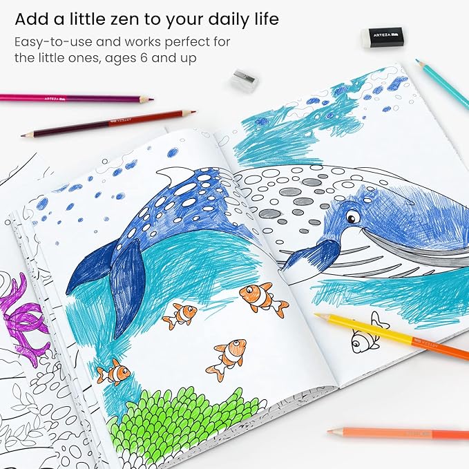 ARTEZA Kids Coloring Book and Colored Pencils Kit, 8.5x11 Inches, Sea Creature Illustrations, 50 Double-Sided Coloring Sheets, 100-lb Paper-CubbioJoy