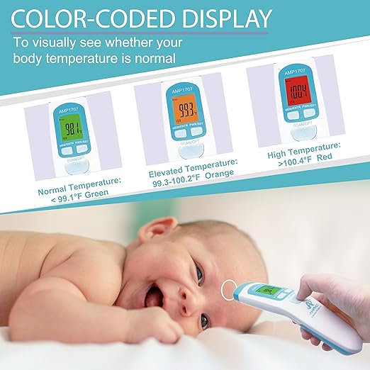 Amplim Non-Contact Forehead Thermometer & Case for Adults, Kids, Baby, FDA Cleared, Medical Grade, Touchless Infrared, 1-Sec Reading, Fever Alarm, Memory Recall, Quiet Mode, (White)-CubbioJoy
