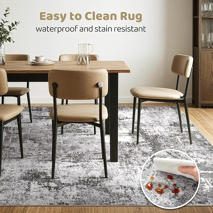 7x9 Area Rug Living Room: Machine Washable Large Abstract Modern Soft Rugs Stain Resistant Indoor Floor Non Slip Accent Carpet for Bedroom Nursery Playroom Office Dining Room Dorm Home- Black Grey-CubbioJoy