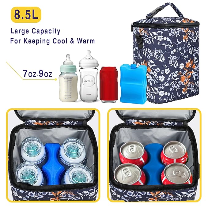 Breastmilk Cooler Bag with Ice Pack Fits 4 Baby Bottles Up To 9 Ounce Insulated Coolers Bag Breast Milk Cooler on the Go with Strap Baby Bottle Cooler Bag for Nursing Mom Daycare or Travel-CubbioJoy