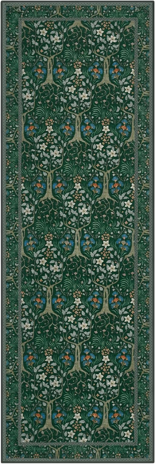 Joydeco Washable Runner Rug Non Slip, Floral Kitchen Carpet Runner 2x6, Soft Low-Pile Botanical Forest Indoor Floor Door Mat for Hallway Bathroom Entryway Laundry Room, Dark Green-CubbioJoy
