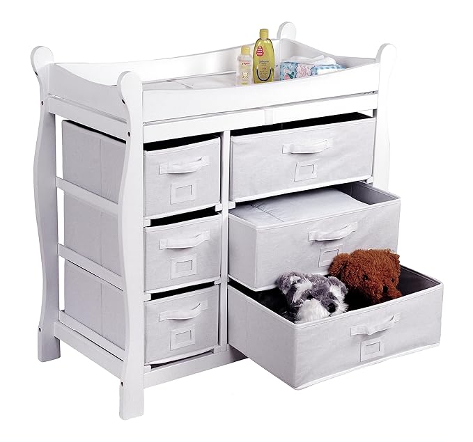 Badger Basket Sleigh Baby Changing Table with 6 Storage Drawers, Cushioned Changing Pad, Nursery Organizer, Sturdy White Wood Furniture for Infant Care-CubbioJoy