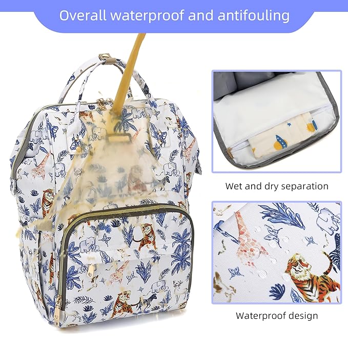 Diaper Bag Backpack, Diaper Bags for Baby Girls Boys, Baby Bags for Moms Dads, Nappy Changing Bag with Insulated Pockets,Multi-functional Waterproof Backpack with Stroller straps-Animal World White-CubbioJoy