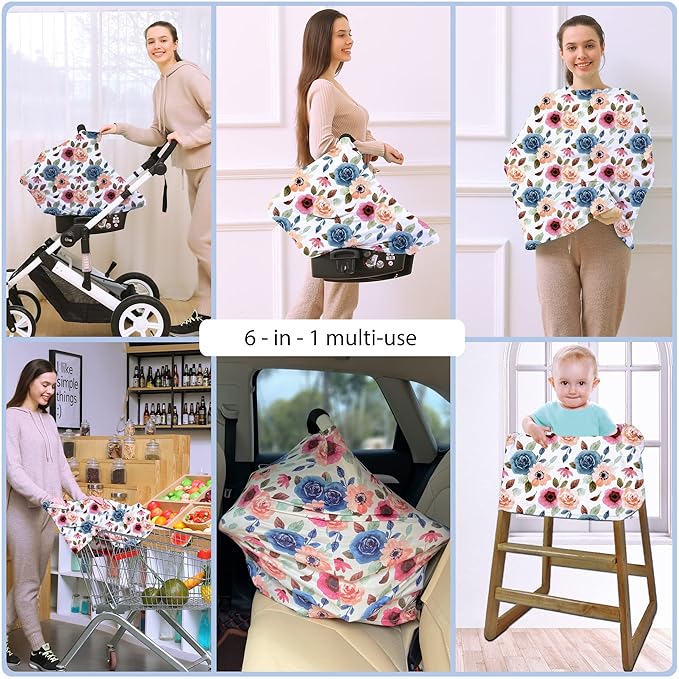 Car Seat Covers for Babies - Multi- use Nursing Carseat Canopy, Breastfeeding Covers, Baby Shower Gifts for Boys and Girls (Colourful Rose)-CubbioJoy