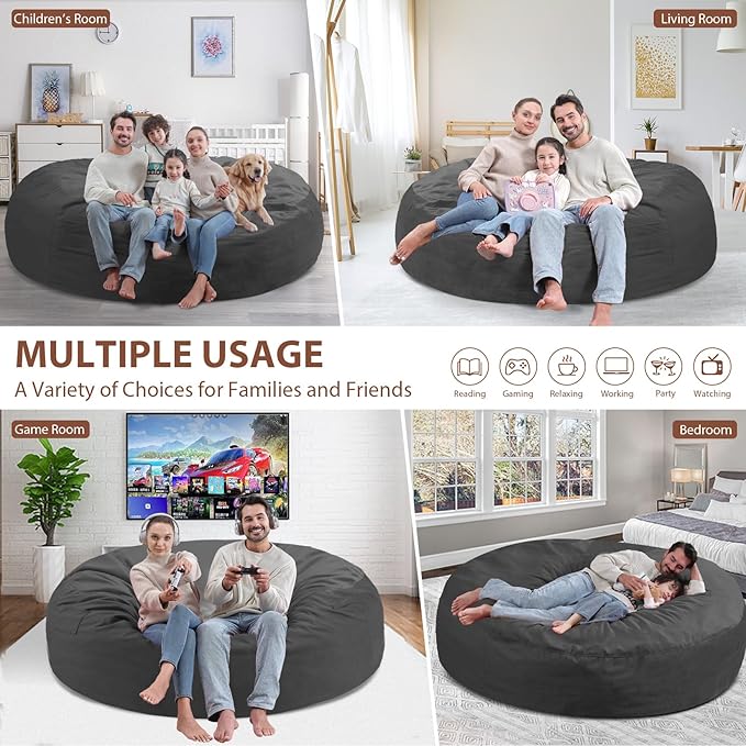 7FT Bean Bag Chair, Large Bean Bag Chairs with Memory Foam Filled, Fluffy Beanbag Sofa with Dutch Velvet Cover, Round BeanBag Chairs for Living Room, Playroom - Grey-CubbioJoy