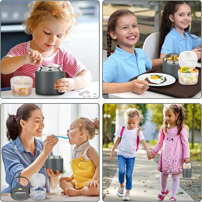 2-in-1 Insulated Food Jar & Snack Container - 15oz Kids Soup Thermos for Hot Food with Handle and Spoon, Leak Proof Reusable Toddler Snack Box, Perfect for School & Travel, Grey-CubbioJoy