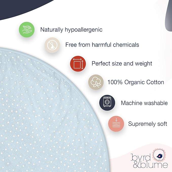 Byrd & Blume Round Baby Play Mat, Organic Cotton Soft Padded Nursery Floor Mat, Safe Hypoallergenic Baby Mat, Reversible, Foldable, Portable Infant Tummy Time Mat Fits Tents & Playpens (40"x40") Blue-CubbioJoy