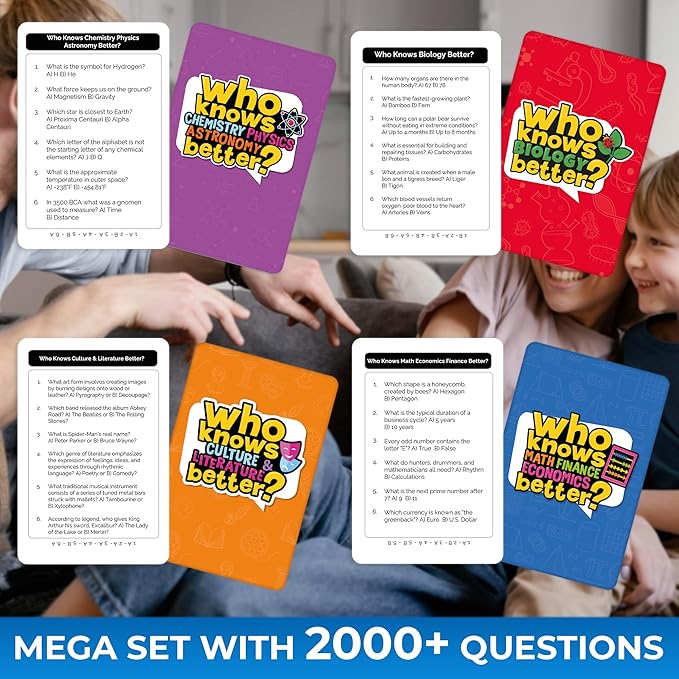 Board Games for Kids 8-12 and Family - Set of 4 Who Knows It Better? - 2000+ Questions Across Biology, Culture, STEM and Math - Educational Trivia Cards for Learning and Game Night-CubbioJoy