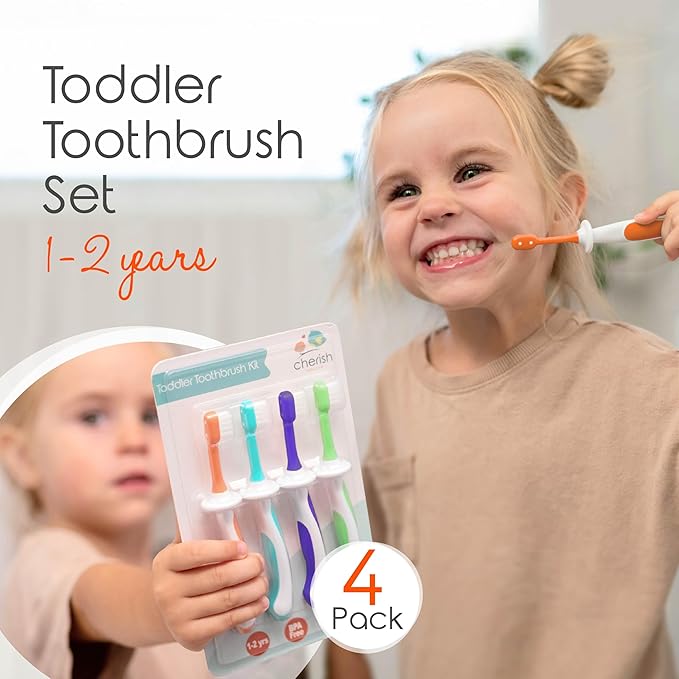 Cherish Baby Care Toddler Toothbrushes 1-2 Years (4-Pack) - BPA-Free & Safety-Tested Kids Toothbrush Kit, Designed by a Pediatric Dentist, Soft-Grip Toothbrush for Kids, My First Toothbrush Set-CubbioJoy
