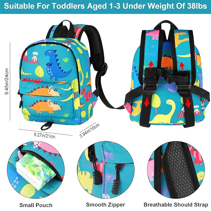 Accmor Toddler Backpack Leash with Anti Lost Wrist Link, Cute Mini Child Walking Harnesses Keep Kids Close Back Pack Rope Tether Rein for Baby Boys (Turquoise/Dino)-CubbioJoy