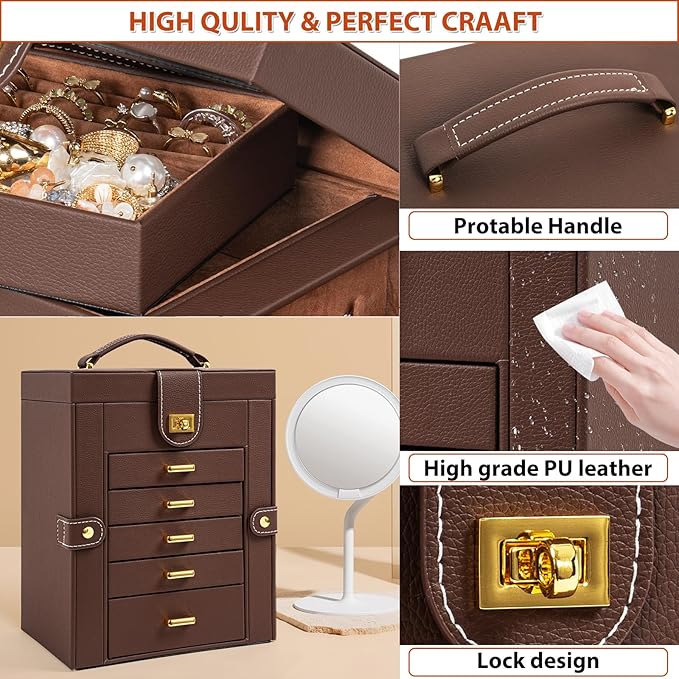 AKOZLIN Jewelry Box Organizer Functional Leather Jewelry Storage Case for Women Girls Ring Necklace Earring Bracelet Holder Organizer with Mirror Brown-CubbioJoy