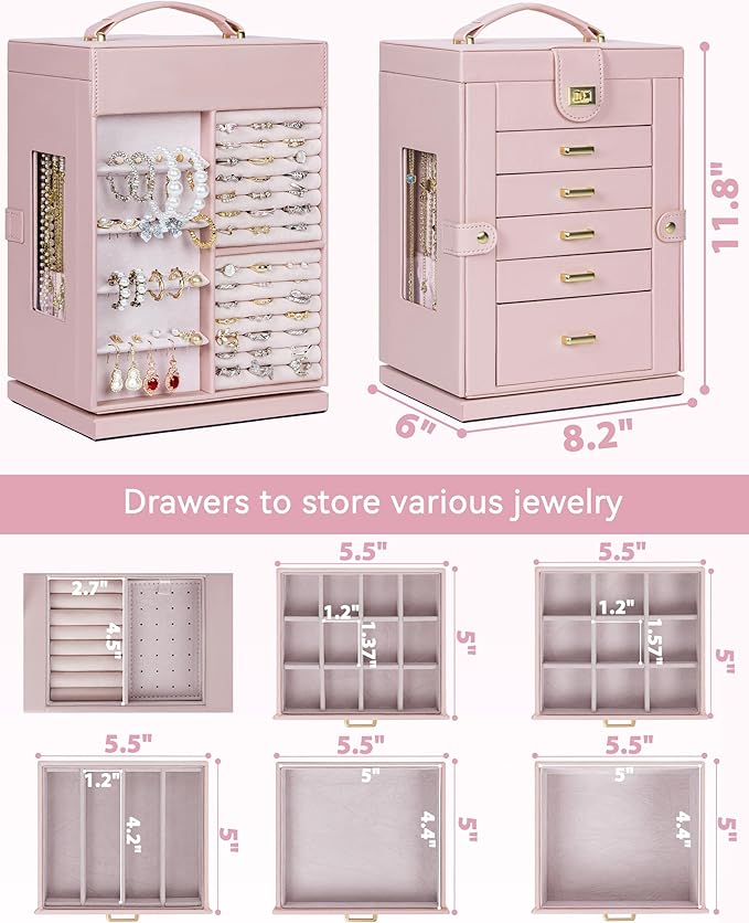 AKOZLIN 360° Rotating Jewelry Box 6-Tier Organizer Functional Jewelry Storage Case for Women Girls Ring Necklace Earring Bracelet Holder with Mirror Pink-CubbioJoy