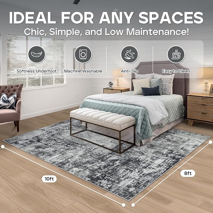 8x10 Area Rugs for Living Room Rug Washable: Modern Large Rug for Dining Room Bedroom Carpet Non Slip 8 by 10 Indoor Abstract Nursery Home Office Black Grey-CubbioJoy