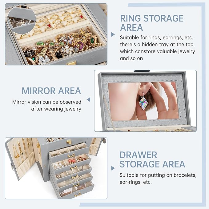 AKOZLIN 6-Tier Jewelry Box Organizer Functional 5 Drawers Leather Jewelry Storage Case for Women Girls Ring Necklace Earring Bracelet Holder Organizer with Mirror Grey-CubbioJoy