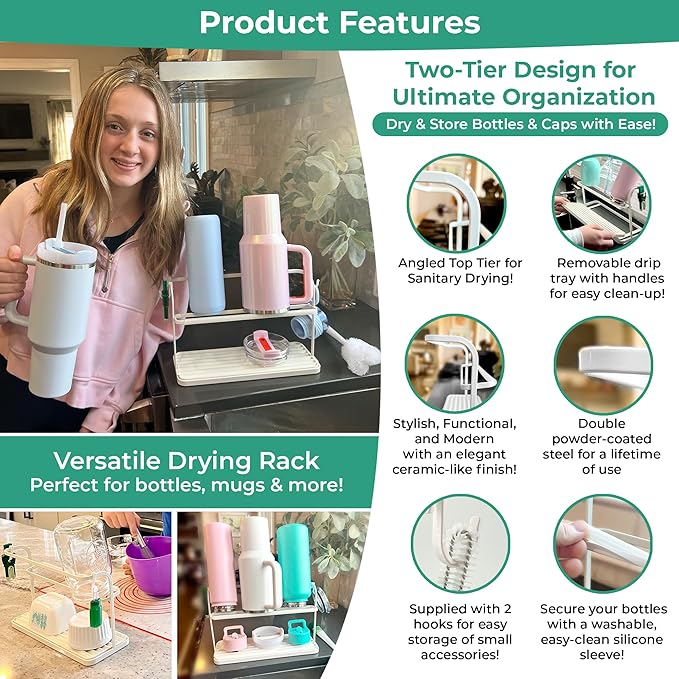 Bottle Drying Rack for Kitchen Countertop, Space Saving Storage Stand with Drainage Tray, Two-Tier Design for Tumblers, Baby Bottles, Water Bottle Drying Rack with 5-in-1 Bottle Cleaning Brush-CubbioJoy