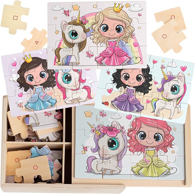 4-in-1 Princess Jigsaw Puzzles for Kids, Wood Puzzles for Kids Ages 3-5 48 Piece Wooden Puzzles for Toddlers 3-5, Wooden Puzzles for Toddlers, Essential Skills Gift for Girls Princesses-CubbioJoy