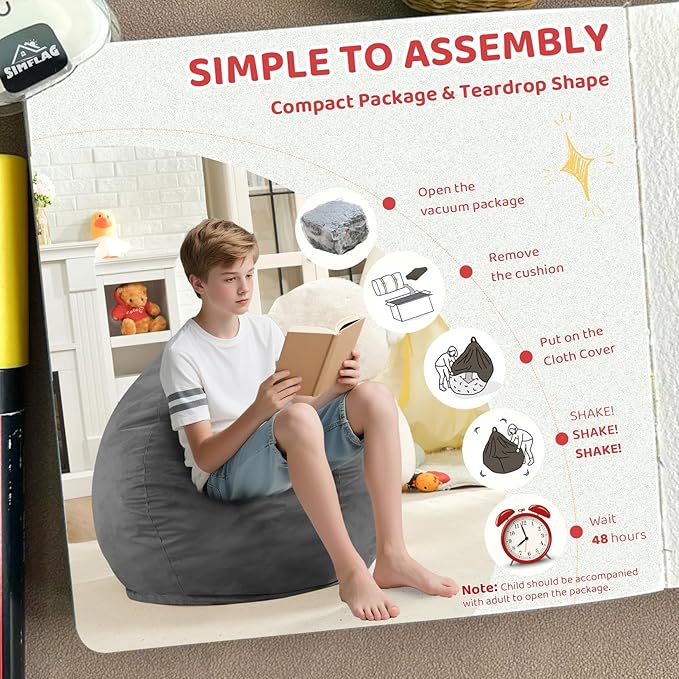 2FT Bean Bag Chair, Comfy Bean Bag Chairs with Memory Foam Filled, Fluffy Beanbag Sofa with Dutch Velvet Cover, Teardrop BeanBag Chairs for Living Room, Playroom - Grey-CubbioJoy