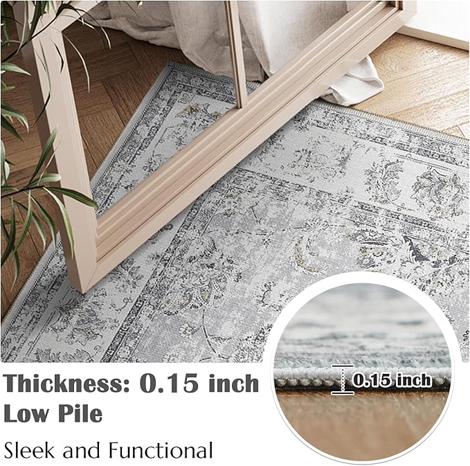 jinchan Runner Rug 2x6 Machine Washable Hallway Rug Grey Vintage Floral Print Non-Slip Low Pile Ultra-Thin for Kitchen,Entryway,Laundry Room,Bedroom,Farmhouse (2‘x6’,Grey)-CubbioJoy