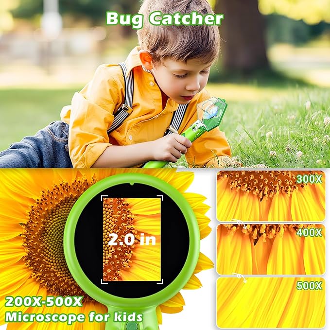 2 in 1 Kids Microscope with Bug Catcher,HD 500X Digital Microscope for Kids with 2" Screen,Photo and Video,STEM Educational Science Kit Learning Toys for Age 3-12 Girls & Boys Birthday Gifts (Green)-CubbioJoy