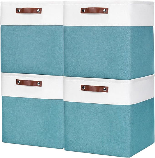 13x13 Cube Storage Bins, Collapsible Fabric Storage Box, 4 Pack Closet Baskets with Handles for Organizing, Shelf, Toys, Clothes, Home, Office, Nursery (Teal&White)-CubbioJoy