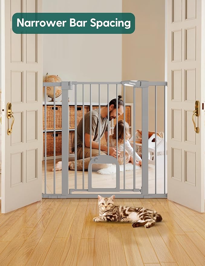 Babelio 36" Tall Upgraded Baby Gate with Cat Door,29-43" Auto Close Durable Dog Gate for Stairs,Doorways and House,Easy Walk Thru,Includes 4 Wall Cups,Gray-CubbioJoy