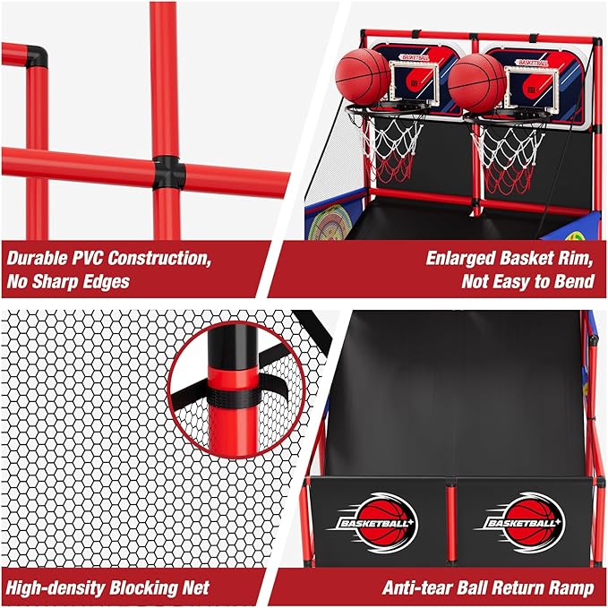 2 in 1 Dual Shot Basketball Arcade Game with 2 Dart Boards/Electronic Scoreboard/LED Light, Kids Basketball Hoop for Home Indoor Outdoor, Sport Toys Gifts for Boys Girls-CubbioJoy