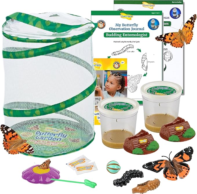 Insect Lore Butterfly Garden with Two Cups of Live Caterpillars, Life Cycle Figurines, English and Spanish Butterfly STEM Activity Journals | 10 Painted Lady Butterfly Baby Caterpillars-CubbioJoy