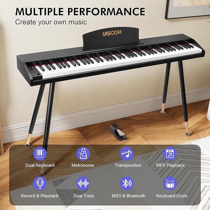 Digital Piano Keyboard 88 Key Semi-Weighted for Beginners,Full Size Electric Piano with Stand,Triple Pedal,Adapter,Sheet Music Stand,Headphone,USB-MIDI Compatible,Wood Brown or black-CubbioJoy