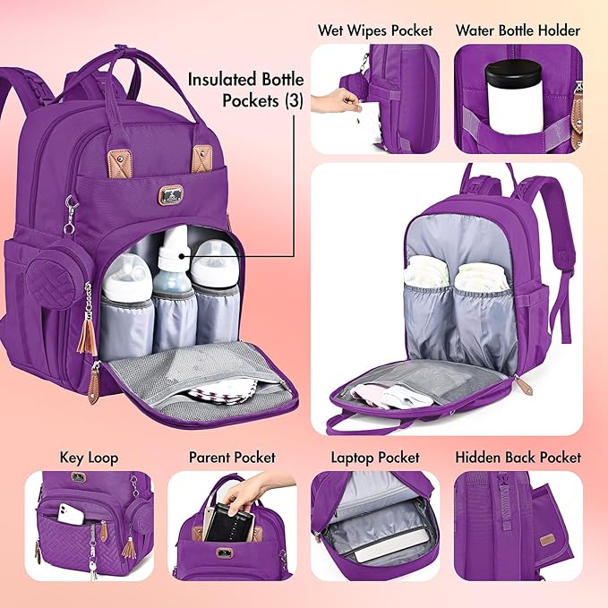 Dikaslon Diaper Bag Backpack with Portable Changing Pad, Pacifier Case and Stroller Straps, Large Unisex Baby Bags for Boys Girls, Multipurpose Travel Back Pack Moms Dads, Purple-CubbioJoy