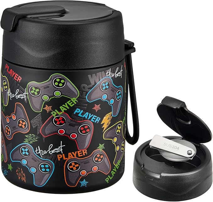 17oz Soup Thermo for Hot Food Kids,Insulated Food Jar with Spoon,Thermo Hot Food Lunch Container,Wide Mouth Leakproof Stainless Steel Lunch Box for School-Black Game-CubbioJoy