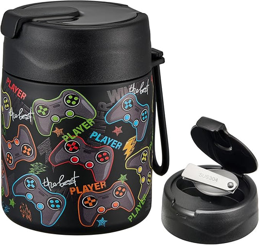 17oz Soup Thermo for Hot Food Kids,Insulated Food Jar with Spoon,Thermo Hot Food Lunch Container,Wide Mouth Leakproof Stainless Steel Lunch Box for School-Black Game-CubbioJoy
