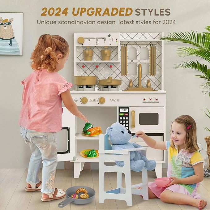BIERUM Play Kitchen with Realistic Lights & Sounds, Wooden Kitchen Playset Chef Pretend Play Set for Toddlers, Toy Kitchen with 26 Pcs Toy Food & Cookware Accessories, Gift for Ages 3+-CubbioJoy