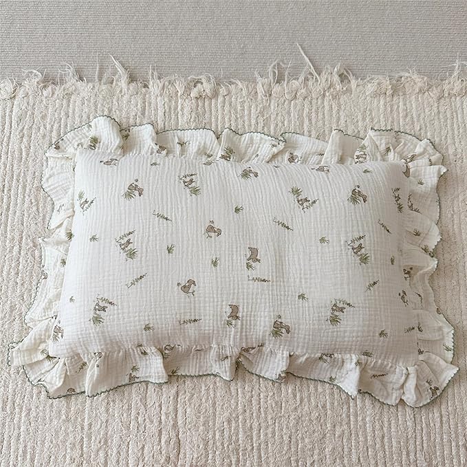 BuLuTu Muslin Toddler Pillowcase for Toddler Bed, Soft Breathable Standard Size Pillow Cover 20"x26", Animal Gray Bunny Toddler Pillow Case for Girls Boys Kids 1 2 3 4 5 6 Year Old, Envelope Closure-CubbioJoy