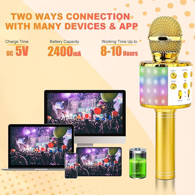 BlueFire 4 in 1 Karaoke Wireless Microphone with LED Lights, Portable Microphone for Kids, Great Gifts Toys for Kids, Girls, Boys and Adults (Gold)-CubbioJoy