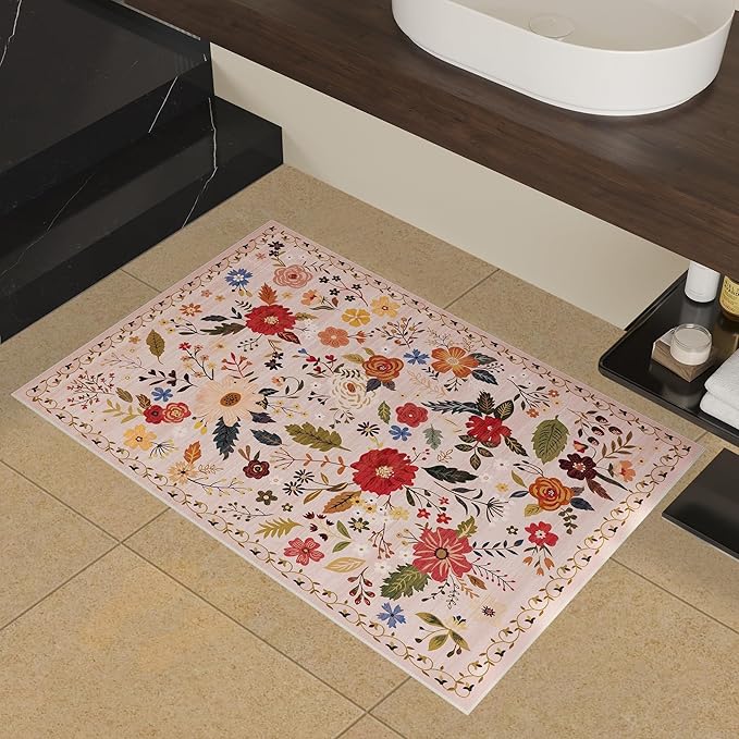 2x3 Washable Rug for Entryway, Floral Soft Small Area Rug, Non Slip Doormat Indoor Entrance Carpet, Flower Low Pile Front Door Throw Rug for Bedroom, Kitchen, Laundry, Bathroom, Pink/Beige-CubbioJoy