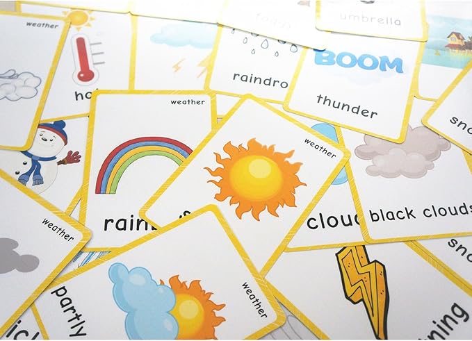 22 Weather Flash Cards(pre k flashcards) - Classroom Decorations and Early Learning Kindergarten Teacher Tools - Flash Cards Hole Punched - with 1 Ring -So You Can Sort and Organize The Cards Easily-CubbioJoy