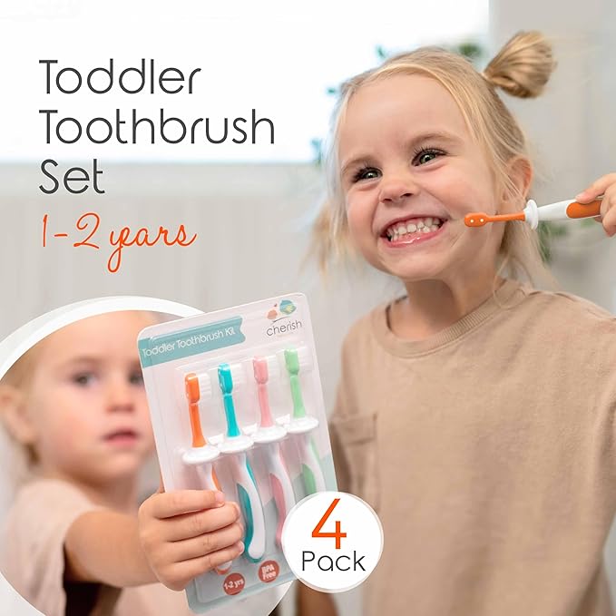Cherish Baby Care Toddler Toothbrushes 1-2 Years (4-Pack) - BPA-Free & Safety-Tested Kids Toothbrush Kit, Designed by a Pediatric Dentist, Soft-Grip Toothbrush for Kids, My First Toothbrush Set-CubbioJoy