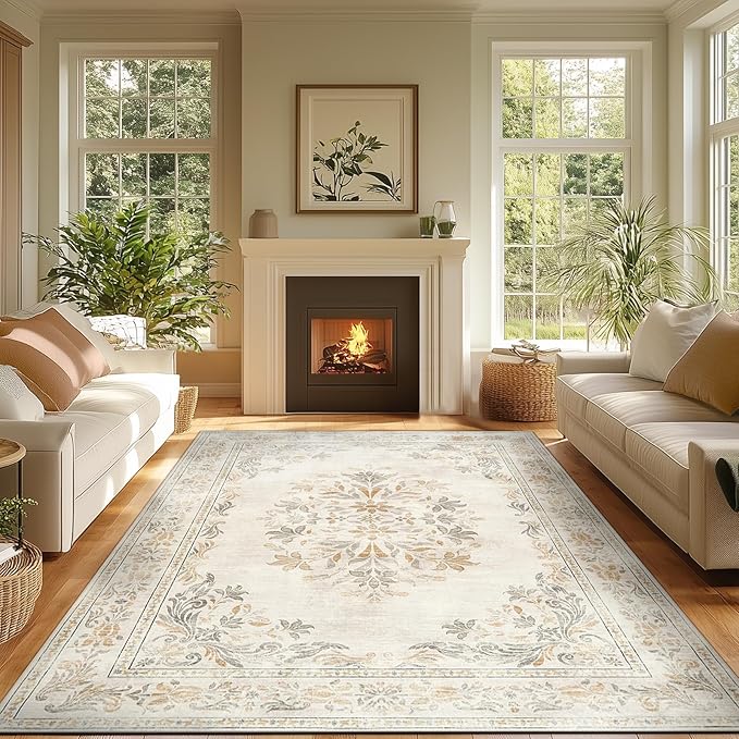 jinchan Vintage Floral 8x10 Area Rugs for Living Room - Machine Washable Distressed Design Soft Throw Rug Thin Non-Slip Large Carpet for Bedroom Nursery Dining Room Home Office (8x10ft,Light Grey)-CubbioJoy