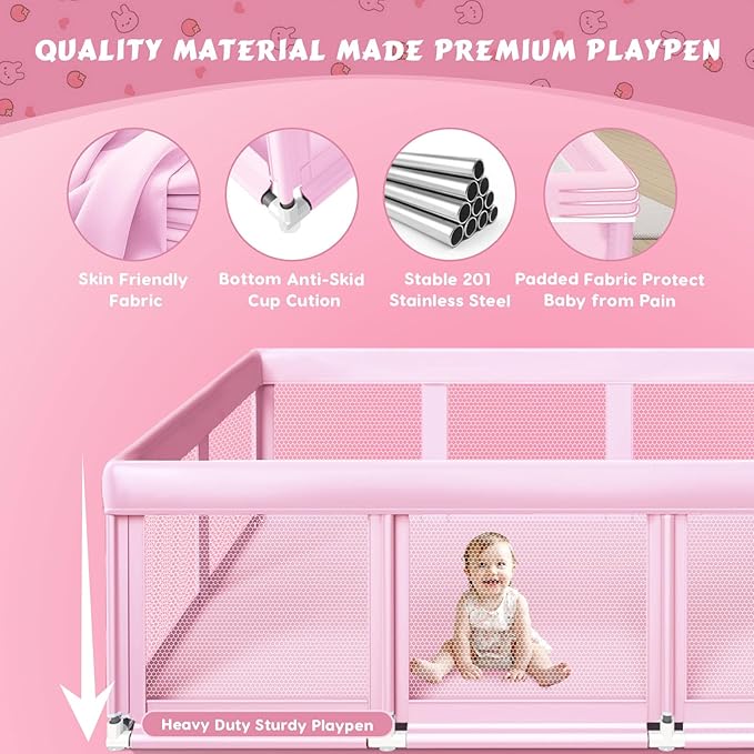 74" ×50" Large Baby Playpen, Baby Playard for Babies and Toddlers, Play Pens for Indoor & Outdoor, Sturdy Safety Play Yard with Soft Breathable Mesh, Anti-Fall, Pink-CubbioJoy