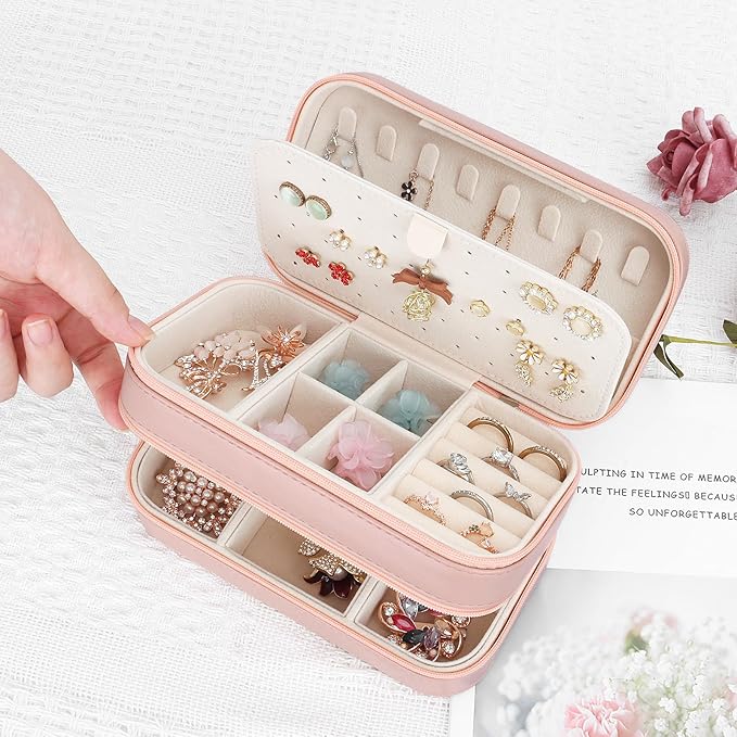 DesignSter Small Travel Jewelry Box with Double Zipper, 2 Layers PU Portable Jewelry Case for Women and Girls,Travel Jewelry Organizer for Rings, Earrings, Necklaces, Bracelets,Pink-CubbioJoy