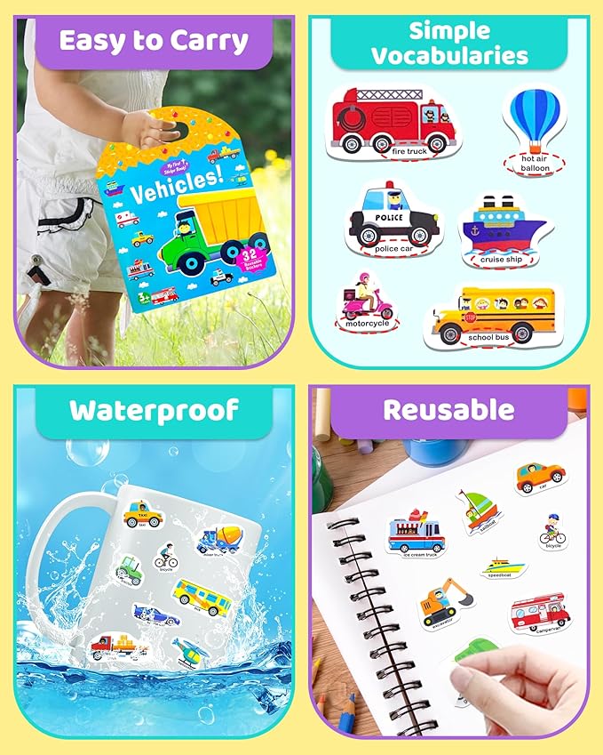 Benresive Reusable Sticker Book for Toddlers 2-4 Years, Fun Travel Stickers for Kids, Waterproof Sticker Books for Toddlers 1-3, Crafts Activities for Todddlers 1-3 2-4 3-5 - Transport-CubbioJoy