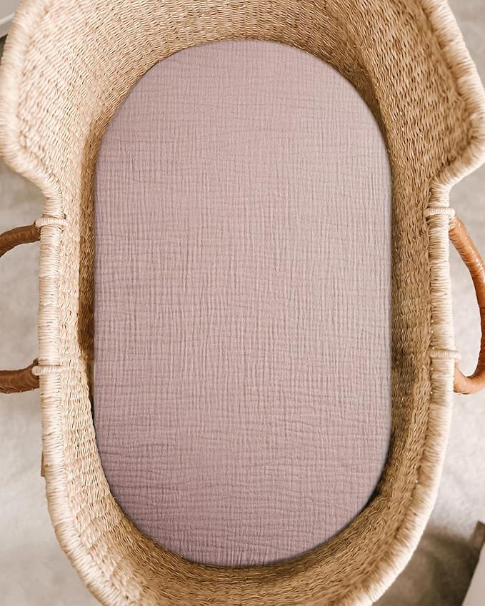 Bassinet Sheet for Baby Boy and Girl, Fitted Sheets for Rectangle, Oval, Hourglass Bassinet Mattress, Muslin Moses Basket Sheets with Neutral Style (Vintage Taupe)-CubbioJoy