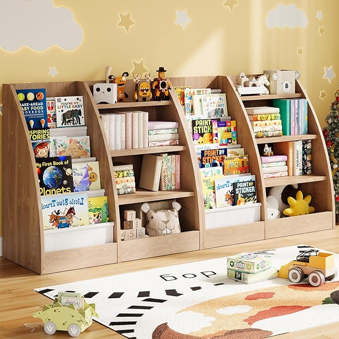 4 Tier Kids Bookshelf Set of 2,4 Layer Sling Kids Book Shelf for Kids Rooms,Wood Children Bookcase,Baby Storage Book Rack,Toddler Bookshelf, Book and Toy Organizer,Book Display Shelf for Nursery-CubbioJoy