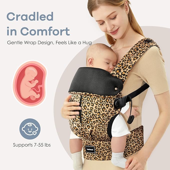 Baby Carrier with Lumbar Support, Cozy Baby Carrier Newborn to Toddler with Adjustable Seat Size, Ergonomic Infant Carrier with 3-Way Carry, Front Facing Toddler Hodler Carrier for Mom & Dad, Leopard-CubbioJoy
