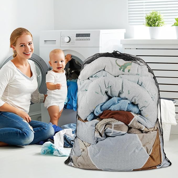 2 Pack Mesh Laundry Bags, Large Travel Laundry Washing Bags for Dirty Clothes Storage, 24" X 36" Washable Heavy Duty Laundry Net Bag With Drawstring for College Dorm, Hamper, Room, Laundromat (Black)-CubbioJoy