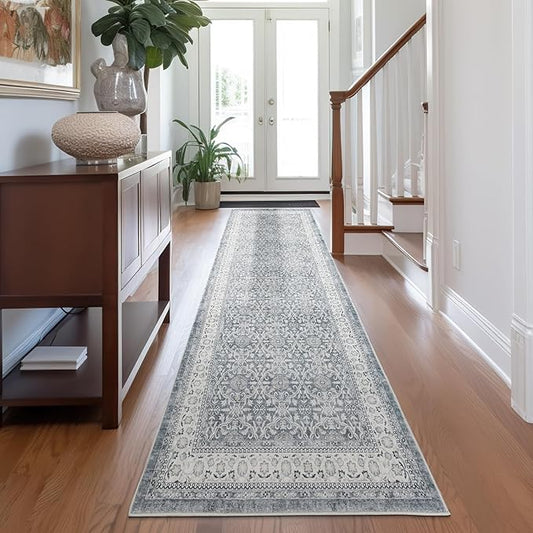 jinchan Hallway Runner Rug 3x7 - Machine Washable Grey Vintage Floral Distressed Design Soft Non-Slip Low-Pile Ultra-Thin Runner Rug for Kitchen Laundry Room Bedroom Farmhouse (3‘x8',Grey)-CubbioJoy