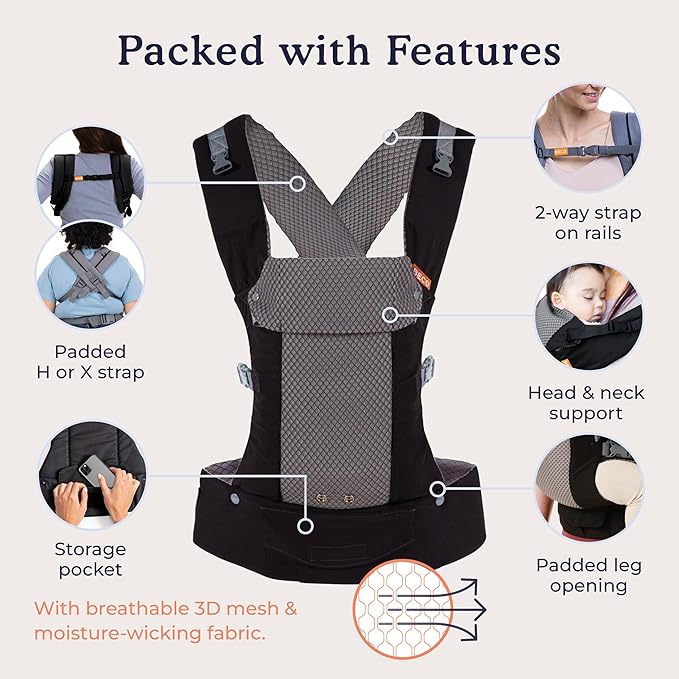 Beco Gemini Baby Carrier from Newborn to Toddler - Certified Ergonomic Newborn Baby Carrier for Infants and Children of 7-35 lbs - M Shape, Adjustable Seat, Breathable 3D Mesh (Cool Black)-CubbioJoy