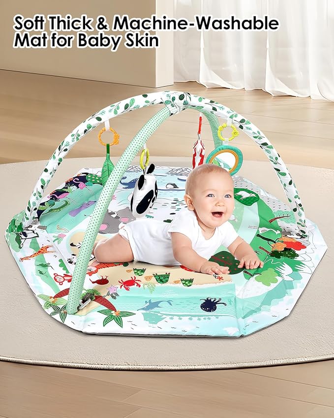 dearlomum 4-in-1 Tummy Time Mat,Baby Activity Play Mat,Newborn Play Baby Mats for Floor with 6 Infant Learning Sensory Baby Toys, Toddler Motor Skill Development,Babies Ball Pit with 18 Ocean Balls-CubbioJoy